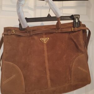 Prada Brown Suede Briefcase Tote with Gold Logo